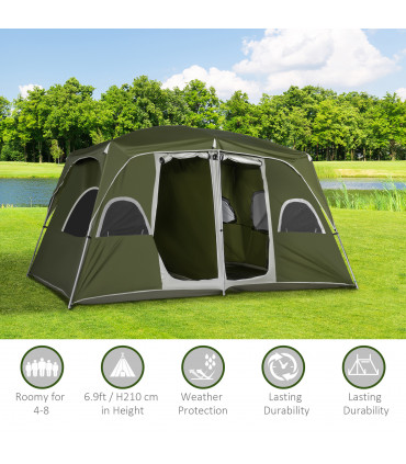 Camping Tent 4-8 Person 2 Room Green Taffeta Fabric 400L x 275W x 210Hcm