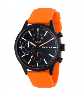 Watch Large Orange Silicone Strap Sports Black Dial Contrasting Mini Eye Dials