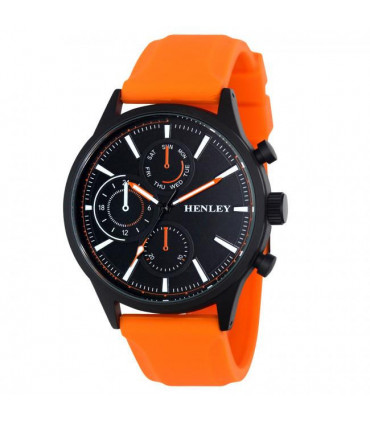 Watch Large Orange Silicone Strap Sports Black Dial Contrasting Mini Eye Dials