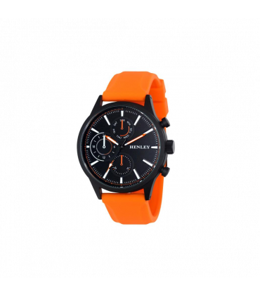 Watch Large Orange Silicone Strap Sports Black Dial Contrasting Mini Eye Dials