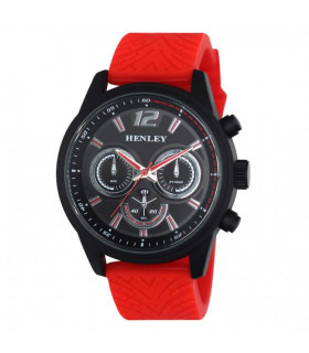 Watch Large Silicone Strap Red Sports Multi Eye Black Dial Henley Mens