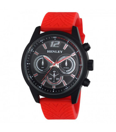 Watch Large Silicone Strap Red Sports Multi Eye Black Dial Henley Mens