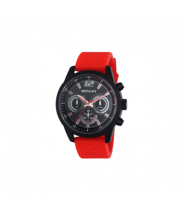 Watch Large Silicone Strap Red Sports Multi Eye Black Dial Henley Mens